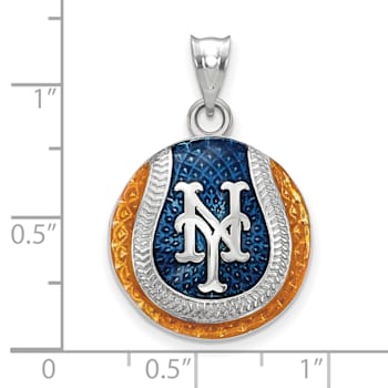 Rhodium Over Sterling Silver MLB LogoArt New York Mets Enameled Pendant