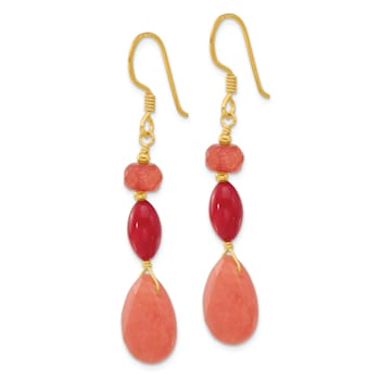 14K Gold Over Sterling Silver Coral and Jadeite Dangle Earrings
