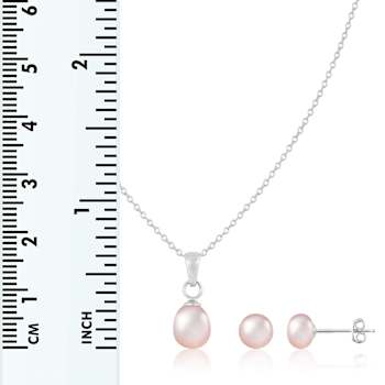 6mm Pink Cultured Freshwater Pearl Rhodium Over Sterling Silver Pendant
& Earring Set