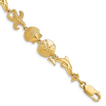 14k Yellow Gold Textured Seashore Theme Link Bracelet