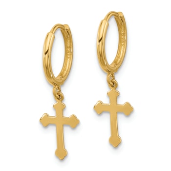 14k Yellow Gold 7/8" Hinged Dangle Cross Hoop Earrings