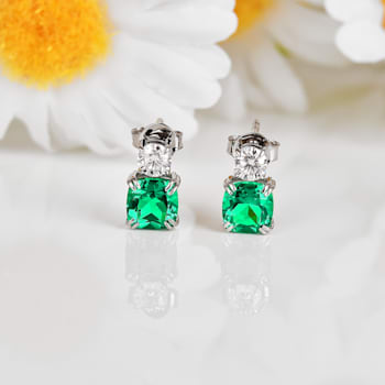 Green Lab Created Emerald and Moissanite Sterling Silver Stud Earrings
