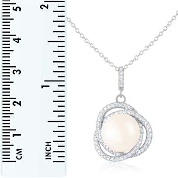 11-12mm Button White Cultured Freshwater Pearl and CZ Rhodium Over
Sterling Silver Pendant