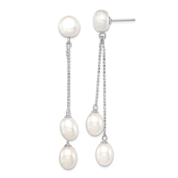 Rhodium Over Sterling Silver 6-9mm White Freshwater Cultured 3-Pearl
Post Dangle Earrings