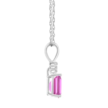 7x5mm Emerald Cut Pink Topaz with Diamond Accents 14k White Gold Pendant
With Chain