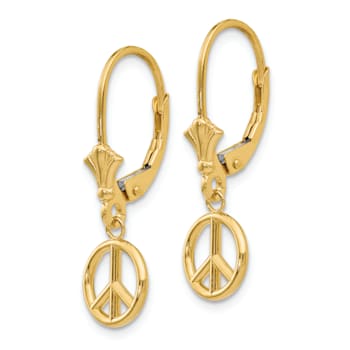 14k Yellow Gold 3D Peace Symbol Dangle Earrings