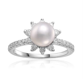 Freshwater Pearl and Moissanite Rhodium Over Sterling Silver Halo Flower
Design Ring