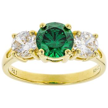 Green And White CZ 3-Stone Ring In 18K Gold Over Sterling Silver