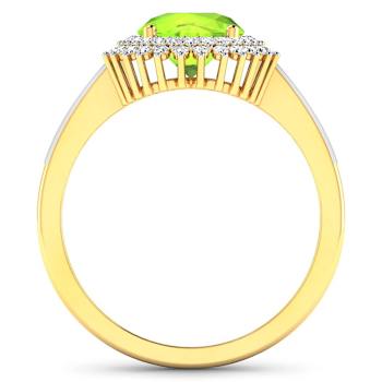 14K Yellow Gold Green Peridot and White Diamond Oval Halo Ring 2.12ctw