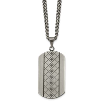 Black Cubic Zirconia Stainless Steel Men's Dog Tag Pendant With Chain