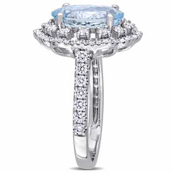 Aquamarine and Diamond 14K White Gold Halo Ring 3.51ctw