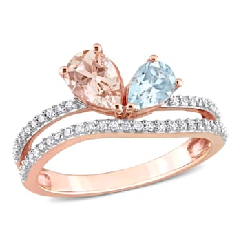 1.39ctw Morganite, Aquamarine And Diamond 10k Rose Gold 2-Stone Ring