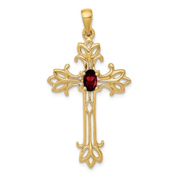 14K Yellow Gold 5x3mm Oval Garnet Cross Pendant