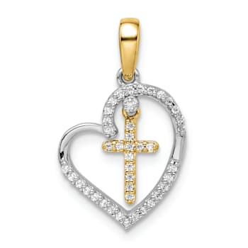 14K Yellow and White Gold Heart with Cross Diamond Pendant