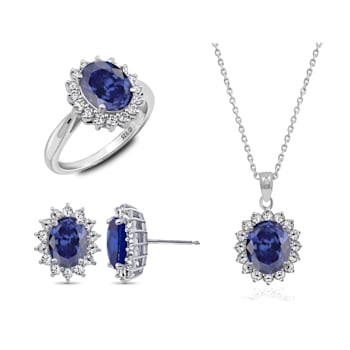 Blue And White Cubic Zirconia Platinum Over Sterling Silver Jewelry Set 10.02ctw