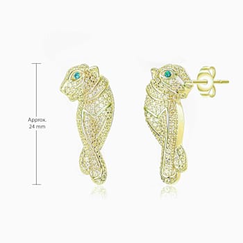 Emerald Color CZ Panther Drop Earrings In 14K Gold Over Brass