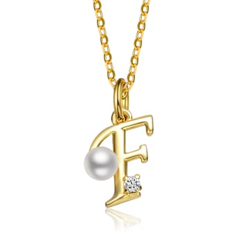 Initial F Pear Shape CZ And Pearl Pendant Necklace In 14K Gold Over Brass