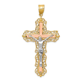 14k Tri-color Gold Polished and Diamond-Cut Crucifix Pendant