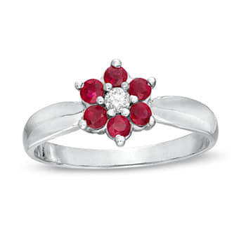 0.43ctw Ruby and Diamond Flower Cluster Ring in 14k White Gold