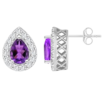 8x5mm Pear Shape Amethyst And White Topaz Accent Rhodium Over Sterling
Silver Halo Stud Earrings