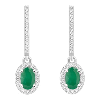 6x4mm Oval Emerald 1/3 ctw Diamond Rhodium Over Sterling Silver Halo
Dangle Earrings