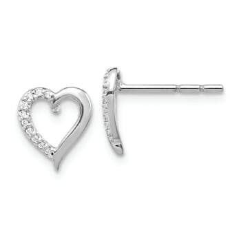 Rhodium Over 14k White Gold Diamond Heart Stud Earrings