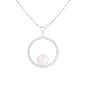 8-9mm White Cultured Freshwater Pearl Sterling Silver Pendant W/Chain