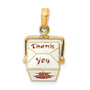 14k Yellow Gold 3D Red and White Enameled Moveable Chinese Take-Out Box Charm