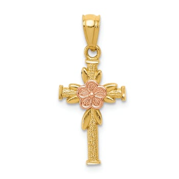 14K Two-tone Gold  Polished, Textured and Diamond-Cut Cross with Flower Pendant