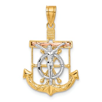 14k Tri-color Gold Diamond-Cut Textured Mariner's Cross Pendant