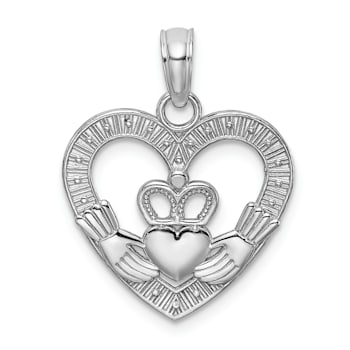 Rhodium Over 14K White Gold Polished/Textured Heart Claddagh Charm