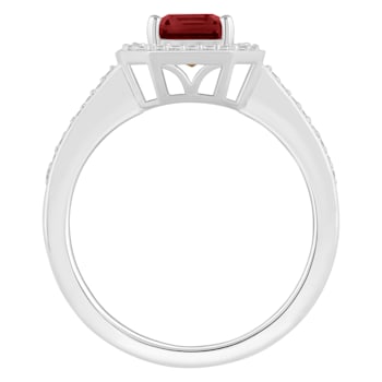 8x6mm Emerald Cut Garnet 1/5 ctw Diamond Rhodium Over Sterling Silver
Halo Ring