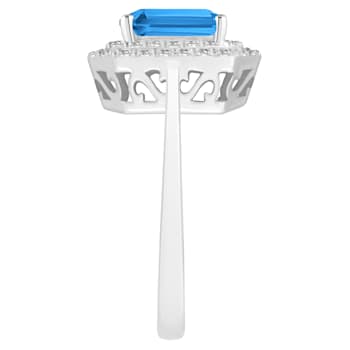 8x6mm Emerald Cut Swiss Blue Topaz And White Topaz Rhodium Over Sterling
Silver Double Halo Ring