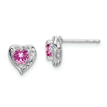 Rhodium Over 14K White Gold Lab Created Pink Sapphire and Diamond Heart Earrings