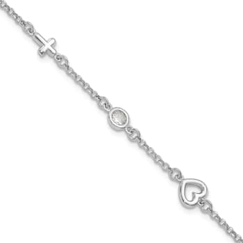 Rhodium Over Sterling Silver Cubic Zirconia Heart and Cross with 1-inch
Extension Bracelet
