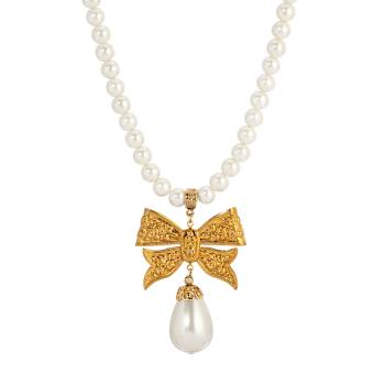 Yellow Base Metal Faux Pearl Gold Bow Drop Necklace 15" Adj.