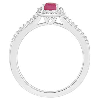 6x4mm Oval Ruby 1/4 ctw Diamond Rhodium Over Sterling Silver Halo Ring