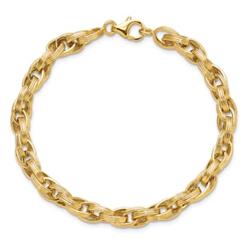 14K Yellow Gold Polished and Grooved Fancy Oval Link Bracelet