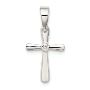 Rhodium Over Sterling Silver Cubic Zirconia Cross Pendant