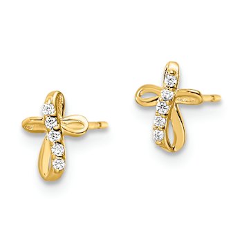 14k Yellow Gold Cubic Zirconia Cross Stud Earrings