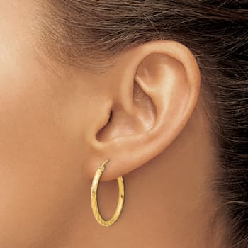 14k Yellow Gold Polished, Satin and Diamond-Cut 1 1/16" Hoop Earrings