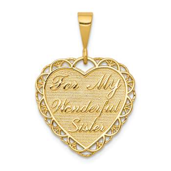 14k Yellow Gold Textured Reversible For My Wonderful Sister Heart Pendant