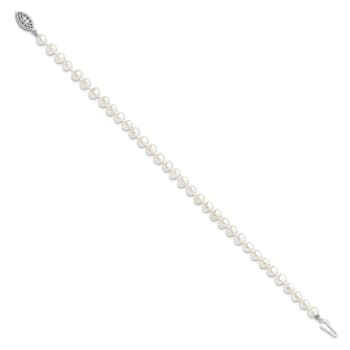 Rhodium Over Sterling Silver 5-6mm White Freshwater Cultured Pearl Bracelet