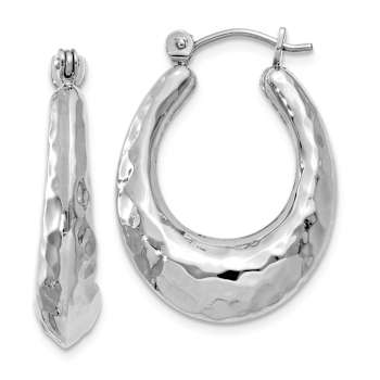 Rhodium Over 14k White Gold Polished and Hammered 7/16" Oval Hoop Earrings