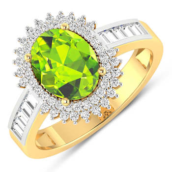 14K Yellow Gold Green Peridot and White Diamond Oval Halo Ring 2.12ctw