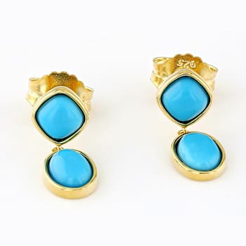 Turquoise Oval And Cushion Drop Earrings In 18K Gold Over Sterling Silver