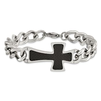 Stainless Steel Polished Black Carbon Fiber Inlay Cross Bracelet