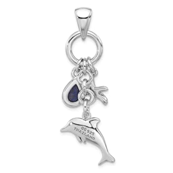 Rhodium Over Sterling Silver Oxidized Lapis Lazuli Dolphin and Starfish Pendant