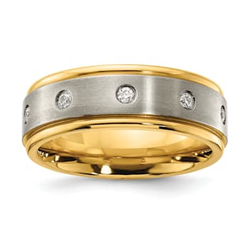 White Cubic Zirconia Yellow IP-Plating Over Titanium 8mm Men's Band Ring