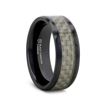 MYSTIQUE Beveled White Carbon Fiber Inlaid Ceramic Ring 8mm